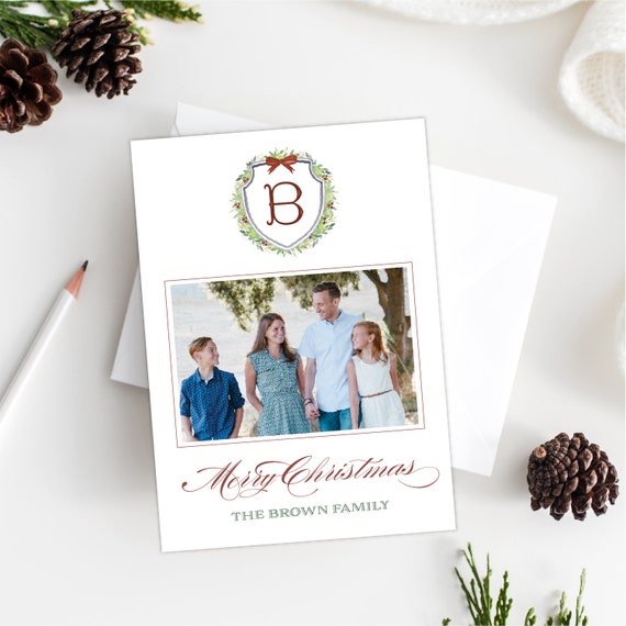 Monogram Wreath - Christmas Photo Card, Photo Holiday Card, Classic Design, Horizontal Photo Printable Christmas Card, Free Shipping Il_570xn