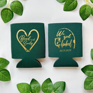 We Got Hooked Wedding  Beer Can Holder - Wedding Favor - Foam Beverage Holder - Custom Wedding Can Cooler - Fishing Wedding