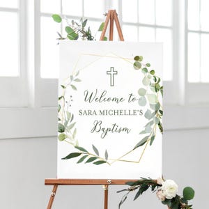 Baptism Welcome Sign: Geo Greenery Style - Elegant Script Font image 1