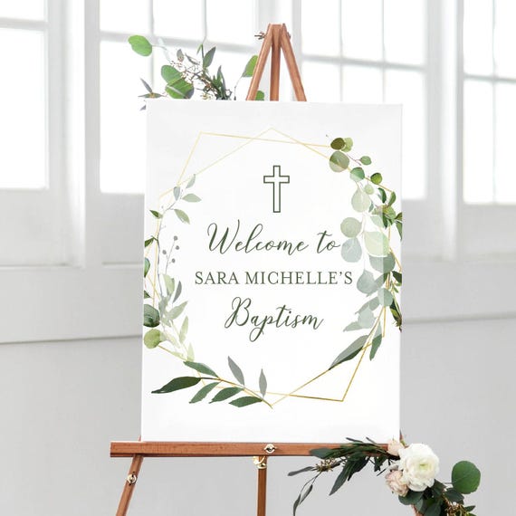 Baptism Welcome Sign: Geo Greenery Style - Elegant Script Font