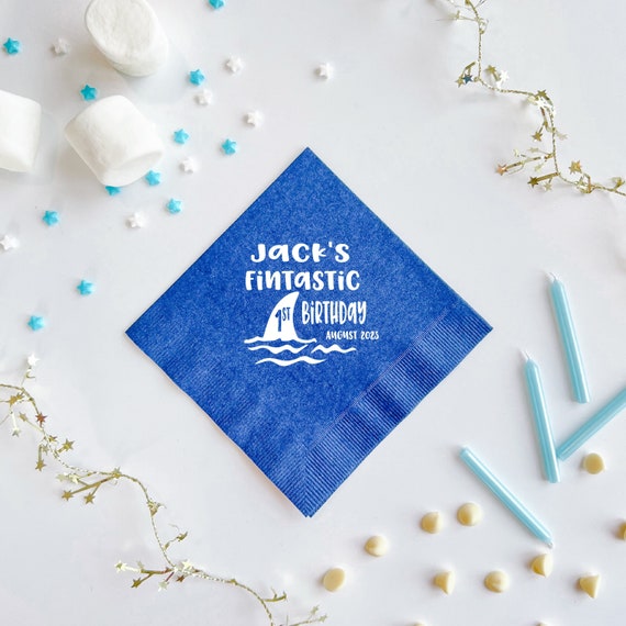 Fin-tastic Shark Birthday Personalized Napkins - First Birthday - Shark Birthday Napkins, Boy Birthday Napkins Il_570xn