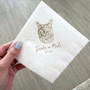 Custom Illustrated Cat Wedding Napkins, Bridal Shower, Engagement Party, Custom Bar Napkins, Custom Pet Wedding Napkins, Cat Napkins