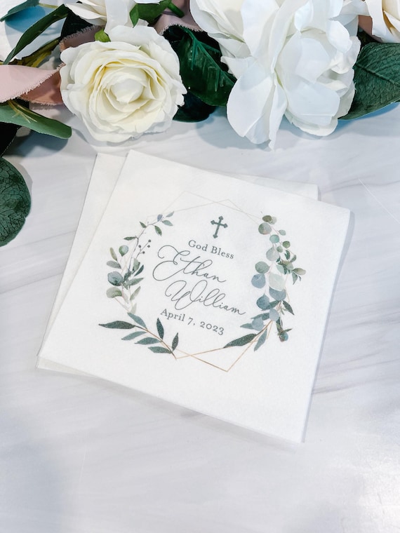 Floral Geo Religious Napkins: Personalized Baptism Decor (Full Color)