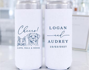 Personalized Skinny Can Coolers, Custom Pet Wedding Favors, Pet Portrait Slim Can Holders