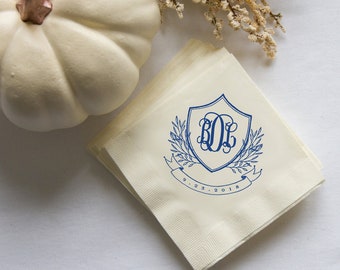 Monogrammed Crest Wedding Napkins, Rehearsal Dinner, Engagement Party, Custom Bar Napkins, Custom Wedding Napkins