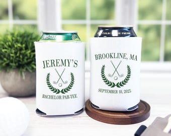 Custom Can Coolers: Golf Themed Bachelor Party Favors (Country Club Crest)