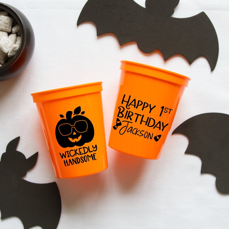 Wickedly Handsome 1st Birthday Personalized Stadium Plastic Cups Halloween Birthday Birthday Favor Spider Birthday Stadium Cups