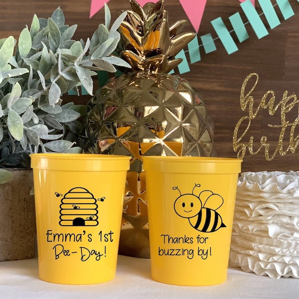First Birthday Stadium Cups, Bee Theme, Personalized (16oz or 22oz)