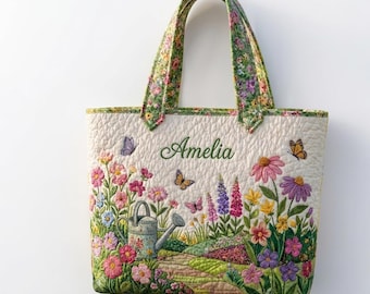 Custom Embroidered Quilted Garden Tote Bag, Personalized Floral Cottagecore Handbag