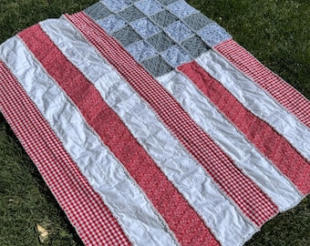 American Flag Rag Quilt, red, white, blue, patriotic, independence day. 4th of July