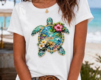 T-shirt graphique tortue de mer, t-shirt de plage vintage, esthétique de plage vintage, cadeau pour amoureux des animaux de la vie marine, chemise graphique hippie bohème