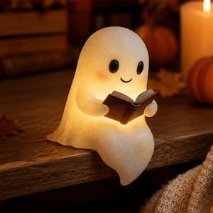 Cute Reading Ghost Night Light, Halloween Ghost Reading Lamp, Ghost Night Light For Bedroom, Spooky Cute Decor, Book Lover Gift