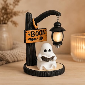 Veilleuse Lanterne Fantôme de Lecture, Décoration d'Halloween en Résine, Lanterne LED, Décoration Fantôme Mignonne, Lampe Fantôme Bouh, Cadeau pour les amoureux des livres