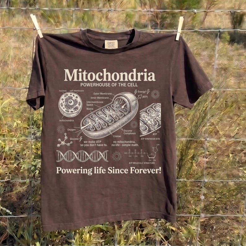 A cream-colored educational biology print titled "Mitochondria" and "POWERHOUSE OF THE CELL" in a bold serif font. The layout features detailed vintage engraving-style diagrams including a cross-section of a mitochondrion with labels like Cristae and Matrix, a cell diagram, a DNA strand, and an ATP molecular structure. Slogans read "we make ATP so you don't have to" and "Powering life Since Forever!" at the bottom. The entire design has a clean, high-contrast textbook aesthetic.