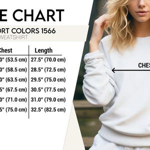 May include: Size chart for a Comfort Colors 1566 unisex sweatshirt. Measurements are provided in inches and centimeters for chest and length. Sizes range from S to 3XL, with chest measurements from 21.0" (53.5 cm) to 29.5" (75.0 cm).