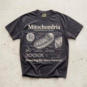 A cream-colored educational biology print titled "Mitochondria" and "POWERHOUSE OF THE CELL" in a bold serif font. The layout features detailed vintage engraving-style diagrams including a cross-section of a mitochondrion with labels like Cristae and Matrix, a cell diagram, a DNA strand, and an ATP molecular structure. Slogans read "we make ATP so you don't have to" and "Powering life Since Forever!" at the bottom. The entire design has a clean, high-contrast textbook aesthetic.