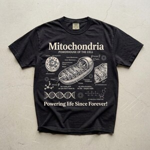 A cream-colored educational biology print titled "Mitochondria" and "POWERHOUSE OF THE CELL" in a bold serif font. The layout features detailed vintage engraving-style diagrams including a cross-section of a mitochondrion with labels like Cristae and Matrix, a cell diagram, a DNA strand, and an ATP molecular structure. Slogans read "we make ATP so you don't have to" and "Powering life Since Forever!" at the bottom. The entire design has a clean, high-contrast textbook aesthetic.