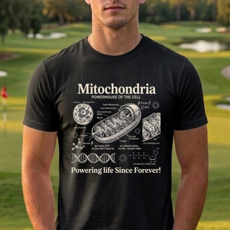 A cream-colored educational biology print titled "Mitochondria" and "POWERHOUSE OF THE CELL" in a bold serif font. The layout features detailed vintage engraving-style diagrams including a cross-section of a mitochondrion with labels like Cristae and Matrix, a cell diagram, a DNA strand, and an ATP molecular structure. Slogans read "we make ATP so you don't have to" and "Powering life Since Forever!" at the bottom. The entire design has a clean, high-contrast textbook aesthetic.