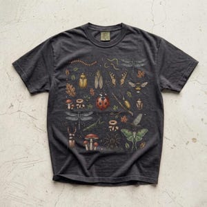 A vintage cottagecore print featuring a detailed collection of insects and woodland foliage. The layout centers on a large ladybug, surrounded by a centipede, dragonflies, a golden beetle, a cicada, a butterfly, a bumblebee, a praying mantis, a stag beetle, a spider, and a green luna moth. Interspersed among the detailed bugs are various red and brown mushrooms, autumn oak leaves, twigs, and tiny mystical stars. The artwork utilizes muted earthy tones for a classic nature aesthetic.