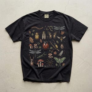 A vintage cottagecore print featuring a detailed collection of insects and woodland foliage. The layout centers on a large ladybug, surrounded by a centipede, dragonflies, a golden beetle, a cicada, a butterfly, a bumblebee, a praying mantis, a stag beetle, a spider, and a green luna moth. Interspersed among the detailed bugs are various red and brown mushrooms, autumn oak leaves, twigs, and tiny mystical stars. The artwork utilizes muted earthy tones for a classic nature aesthetic.