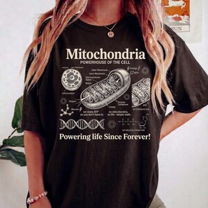 A cream-colored educational biology print titled "Mitochondria" and "POWERHOUSE OF THE CELL" in a bold serif font. The layout features detailed vintage engraving-style diagrams including a cross-section of a mitochondrion with labels like Cristae and Matrix, a cell diagram, a DNA strand, and an ATP molecular structure. Slogans read "we make ATP so you don't have to" and "Powering life Since Forever!" at the bottom. The entire design has a clean, high-contrast textbook aesthetic.