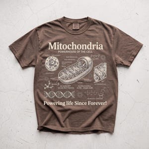 A cream-colored educational biology print titled "Mitochondria" and "POWERHOUSE OF THE CELL" in a bold serif font. The layout features detailed vintage engraving-style diagrams including a cross-section of a mitochondrion with labels like Cristae and Matrix, a cell diagram, a DNA strand, and an ATP molecular structure. Slogans read "we make ATP so you don't have to" and "Powering life Since Forever!" at the bottom. The entire design has a clean, high-contrast textbook aesthetic.