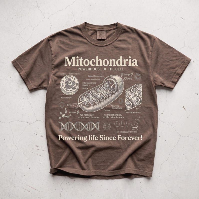 A cream-colored educational biology print titled "Mitochondria" and "POWERHOUSE OF THE CELL" in a bold serif font. The layout features detailed vintage engraving-style diagrams including a cross-section of a mitochondrion with labels like Cristae and Matrix, a cell diagram, a DNA strand, and an ATP molecular structure. Slogans read "we make ATP so you don't have to" and "Powering life Since Forever!" at the bottom. The entire design has a clean, high-contrast textbook aesthetic.