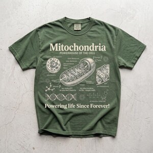 A cream-colored educational biology print titled "Mitochondria" and "POWERHOUSE OF THE CELL" in a bold serif font. The layout features detailed vintage engraving-style diagrams including a cross-section of a mitochondrion with labels like Cristae and Matrix, a cell diagram, a DNA strand, and an ATP molecular structure. Slogans read "we make ATP so you don't have to" and "Powering life Since Forever!" at the bottom. The entire design has a clean, high-contrast textbook aesthetic.