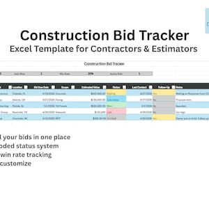 May include: A digital document titled "Construction Bid Tracker" with an Excel template for contractors and estimators. The spreadsheet displays project names, bid due dates, scopes, estimated values, and statuses. Features include color-coded status, win rate tracking, and customization.