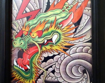 Japanese Dragon Fine Art Print 8X10 lightning clouds wind tattoo art mystical japanese art