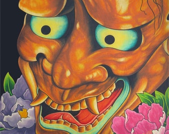 Hannya Noh Masque japonais art tatouage art pivoine fleurs 8X10 fine art impression oni masque japonais masque hannya tatouage