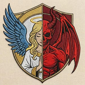 May include: Embroidered patch featuring a split design of an angel and a devil. The angel side has blue wings, a halo, and a white robe. The devil side is red with horns and a skull face. The patch is in a shield shape.