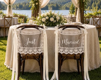 Just Married Lace Chair Signs, Sheer Bride & Groom Chair Banner, Wedding Sweetheart Reception Decor