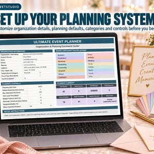 May include: A laptop screen displaying an Ultimate Event Planner digital spreadsheet. The interface includes sections for organization information, event category color legends, planning controls, and a planning summary with numerical data.