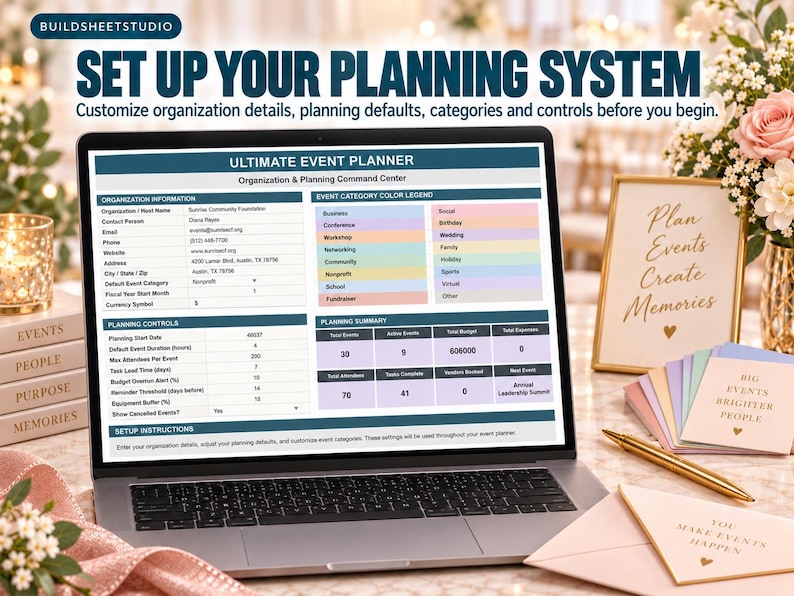 May include: A laptop screen displaying an Ultimate Event Planner digital spreadsheet. The interface includes sections for organization information, event category color legends, planning controls, and a planning summary with numerical data.