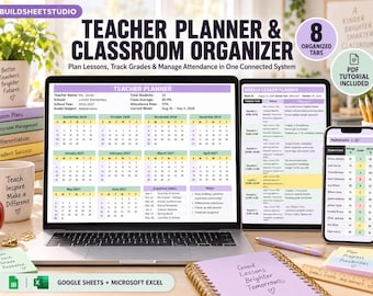 May include: A digital teacher planner and classroom organizer displayed on a laptop, tablet, and smartphone. The screens show calendars, lesson plans, and grade trackers. The set includes 8 organized tabs and a PDF tutorial for Google Sheets and Microsoft Excel.