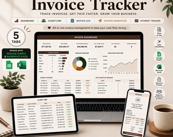 May include: A digital invoice tracker template for Google Sheets and Microsoft Excel. The display shows an invoice dashboard with charts, a client CRM list, and an invoice generator. Text includes The Invoice Tracker, 5 Tabs, and various business metrics like total revenue and client names.
