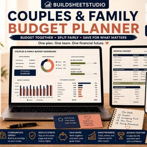 May include: A digital couples and family budget planner displayed on a laptop, tablet, and smartphone screen. The interface features charts, tables, and financial tracking tools. Includes icons for Google Sheets, Microsoft Excel, and a PDF tutorial.