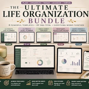 May include: The Ultimate Life Organization Bundle digital template set for Google Sheets and Microsoft Excel includes six templates with 29 total tabs. The display features a laptop, tablet, and smartphone showing dashboards, planners, and trackers.