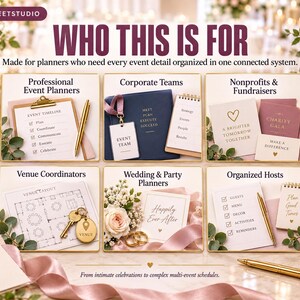Puede incluir: Un gr&aacute;fico de marketing digital titulado WHO THIS IS FOR, que presenta seis paneles cuadrados con herramientas de planificaci&oacute;n de eventos. Cada panel muestra papeler&iacute;a, bol&iacute;grafos y texto relacionado con eventos como Event Timeline.