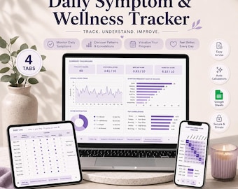 May include: A Google Sheets template for a Daily Symptom & Wellness Tracker displayed on a laptop, tablet, and smartphone. The interface features purple charts, data tables, and summary dashboards for tracking health metrics and correlations.