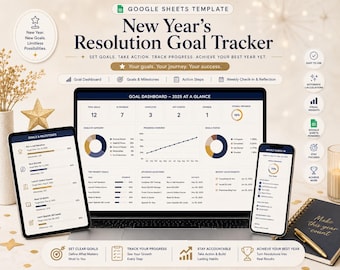 May include: A Google Sheets template for a New Year's Resolution Goal Tracker displayed on a laptop, tablet, and smartphone. The interface features a goal dashboard, progress charts, and milestone lists with text including New Year's Resolution Goal Tracker.
