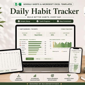 May include: A digital daily habit tracker template for Google Sheets and Microsoft Excel displayed on a laptop, tablet, and smartphone. The screen shows a dashboard with habit completion percentages, progress bars, and a 31-day tracking log.