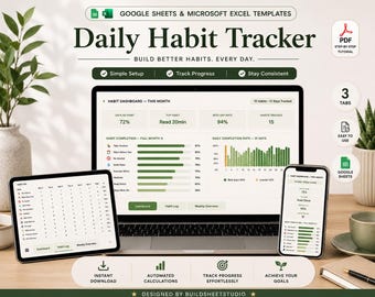 May include: A digital daily habit tracker template for Google Sheets and Microsoft Excel displayed on a laptop, tablet, and smartphone. The screen shows a dashboard with habit completion percentages, progress bars, and a 31-day tracking log.