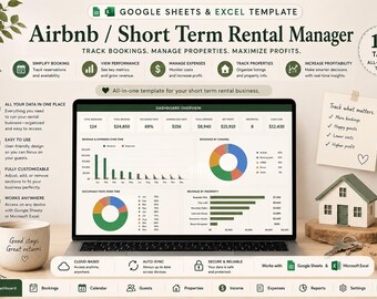 May include: A digital Google Sheets and Excel template for an Airbnb and short-term rental manager. The screen displays a dashboard with charts, revenue data, and property metrics. Text includes "Track bookings, manage properties, maximize profits."