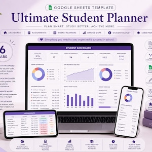 Puede incluir: Una plantilla de Google Sheets para un planificador de estudiantes definitivo que se muestra en una computadora portátil, un teléfono inteligente y una tableta. La interfaz presenta un panel con gráficos, distribución de calificaciones y seguimiento de presupuesto. Texto: "6 Tabs", "Student Dashboard", "Student Budget".
