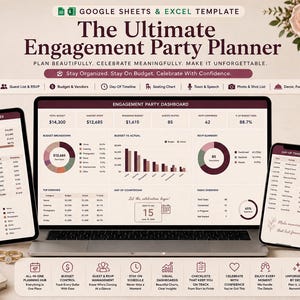 Puede incluir: Una plantilla digital de planificador de fiesta de compromiso para Google Sheets y Excel mostrada en una laptop, tablet y smartphone. La interfaz presenta esquemas de color rojo oscuro y beige con gráficos, rastreadores de presupuesto y listas.