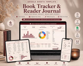 Puede incluir: Una plantilla de Google Sheets para un rastreador de libros y diario de lectura en una computadora portátil, tableta y teléfono inteligente. La interfaz muestra un panel con gráficos, objetivos de lectura y listas. Texto: Book Tracker & Reader Journal.