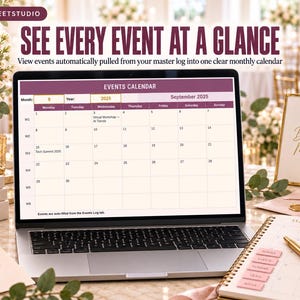 Puede incluir: Una pantalla de port&aacute;til que muestra un calendario de eventos digital para septiembre de 2025 con el texto SEE EVERY EVENT AT A GLANCE y EVENTS CALENDAR. La cuadr&iacute;cula muestra fechas y entradas como Virtual Workshop y Tech Summit 2025.