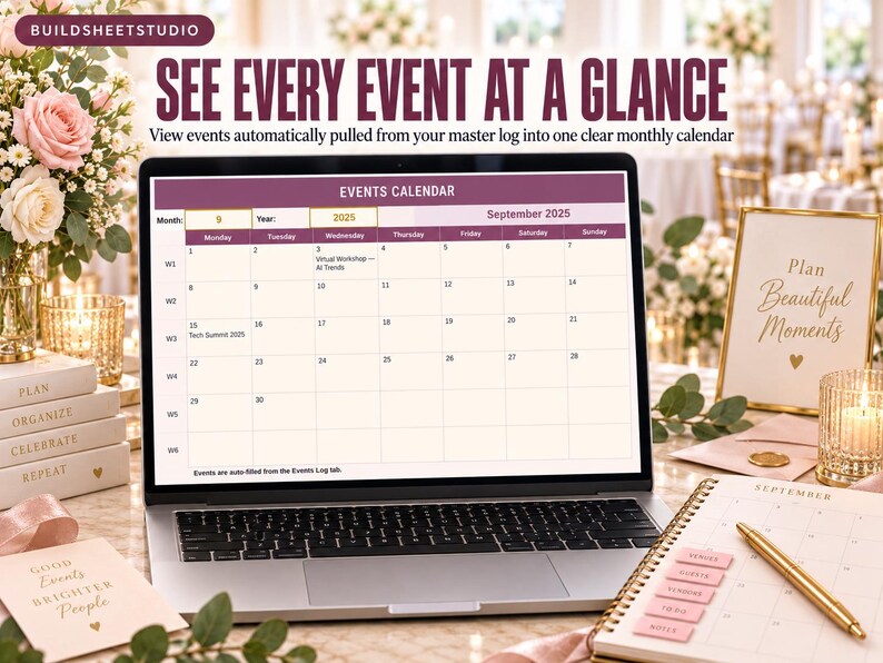 Puede incluir: Una pantalla de port&aacute;til que muestra un calendario de eventos digital para septiembre de 2025 con el texto SEE EVERY EVENT AT A GLANCE y EVENTS CALENDAR. La cuadr&iacute;cula muestra fechas y entradas como Virtual Workshop y Tech Summit 2025.